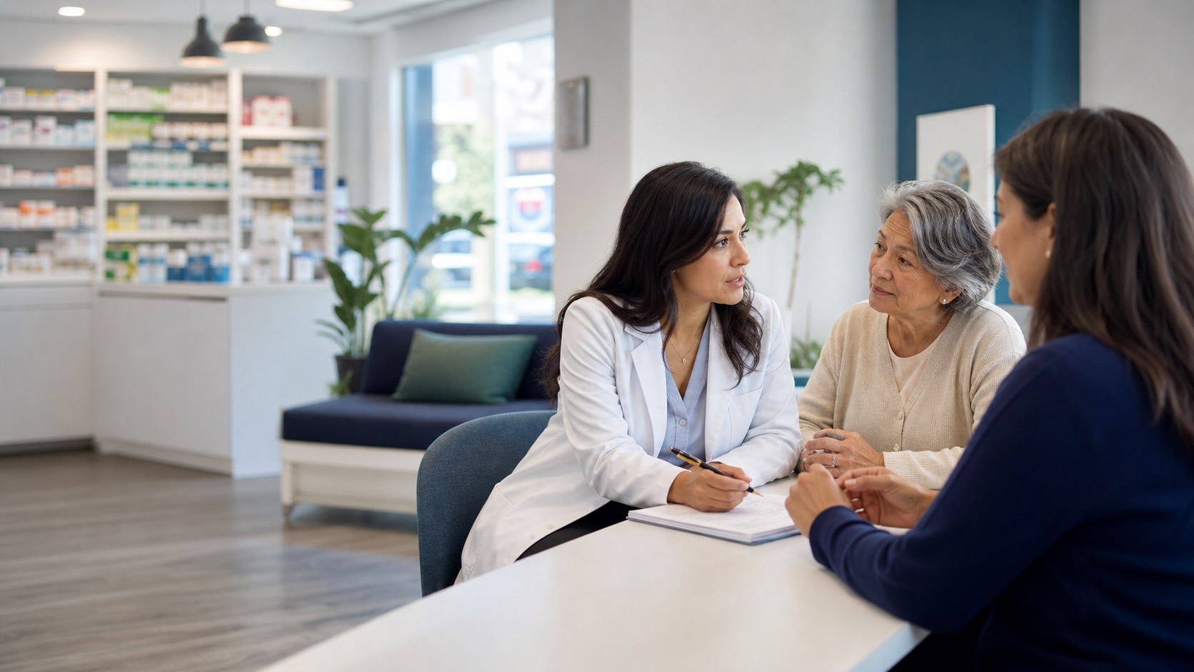 A pharmacist speaking with a patient and family member