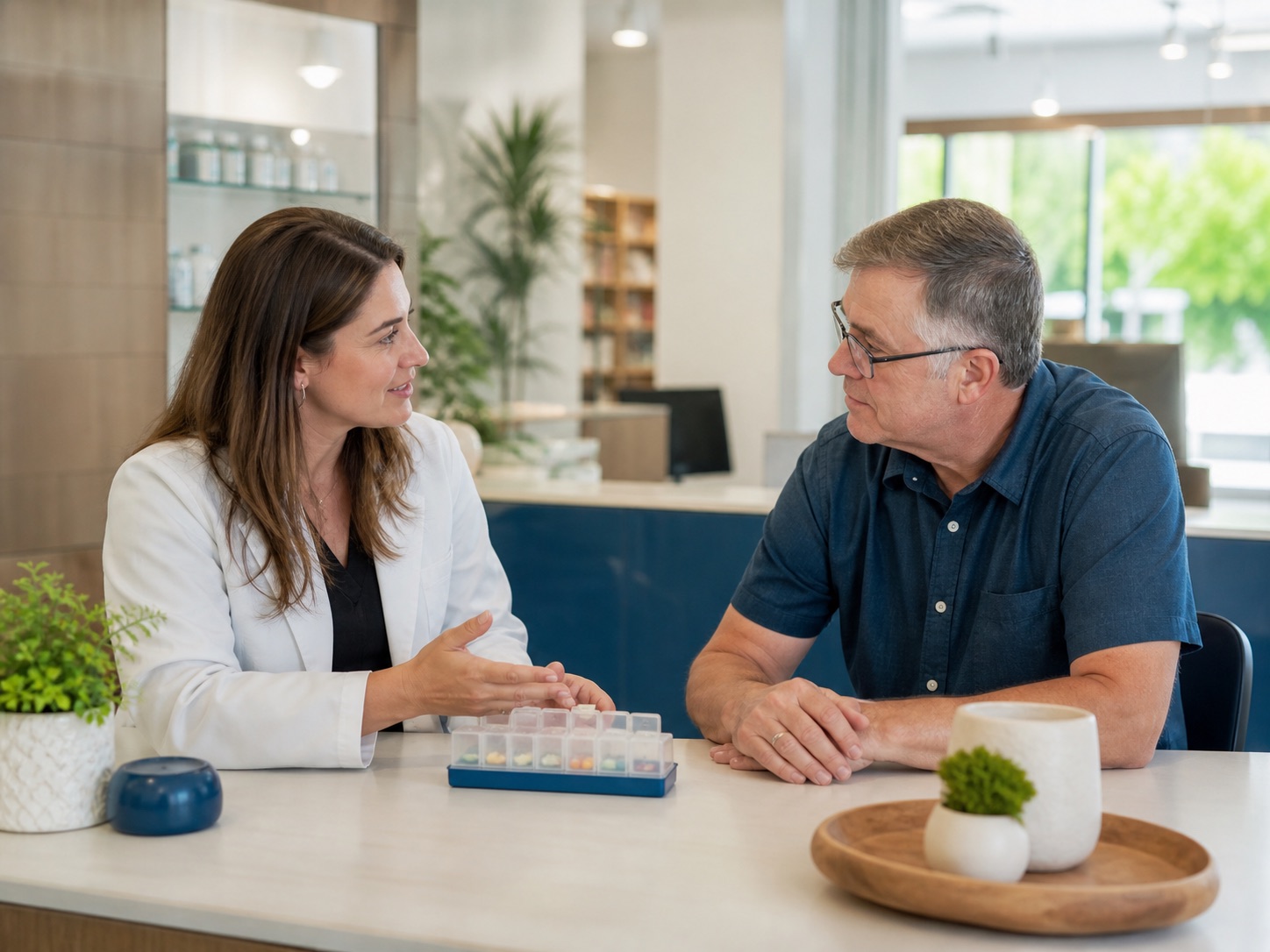 A pharmacist having a seated medication conversation